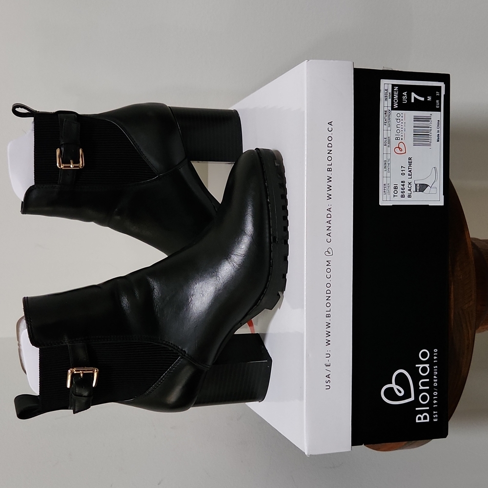 BLONDO TOBI BLACK LEATHER WATERPROOF ANKLE BOOTS SIZE 7 WITH BOX RUBBER SOLE